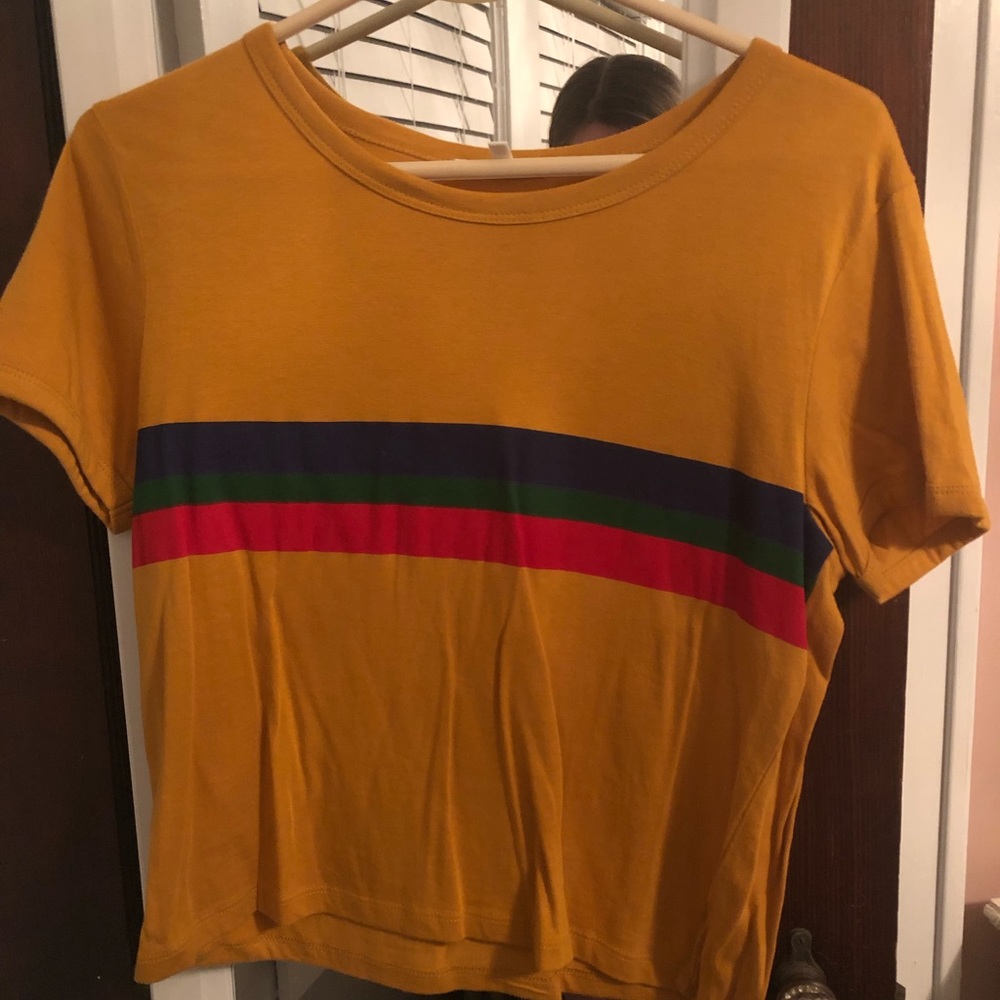 mustard cropped t-shirt with stripes on front